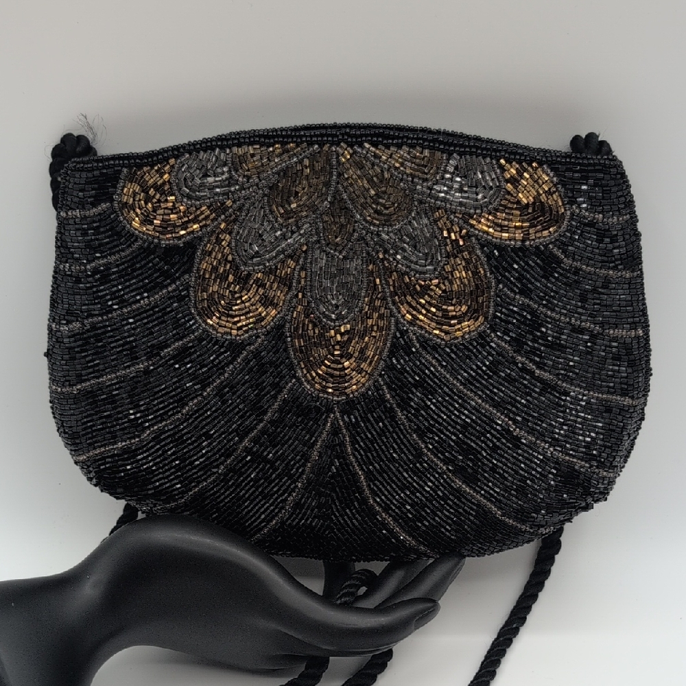 Vintage Elegant Black and Gold Beaded Evening Bag